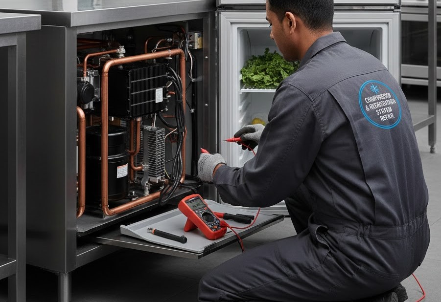 technician repairing walk-in freezer defrost system in Worcester County restaurant